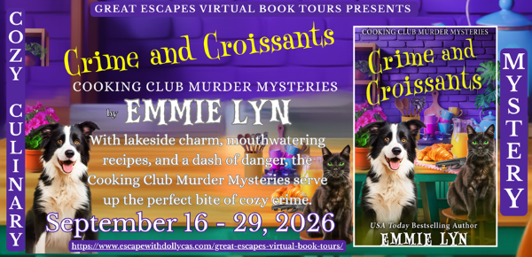 Paperback Copy of Crime and Croissants (Cooking Club Murder Mystery) by Emmie Lyn , bookmark, $5 Amazon gift card, tote. (U S only)
